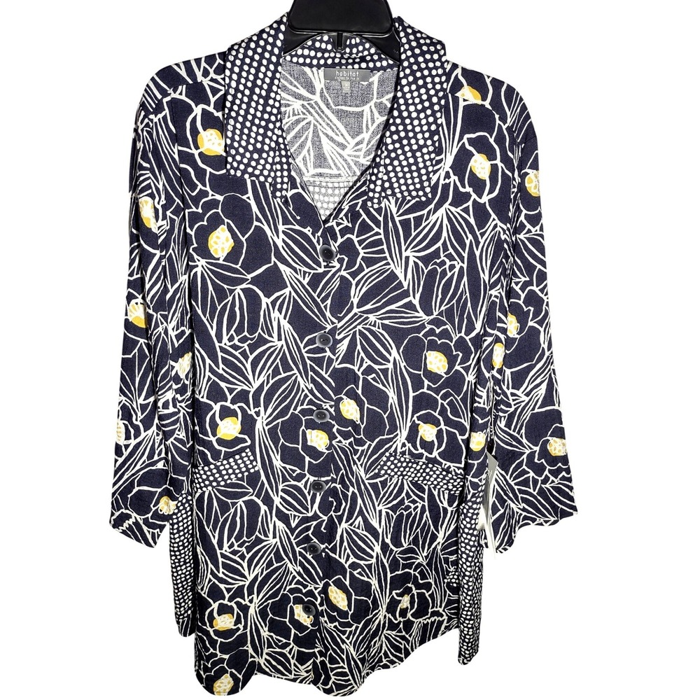 Habitat Womens 1X Dk Navy/Black Floral Dot Print Button Front Shirt Tunic Top